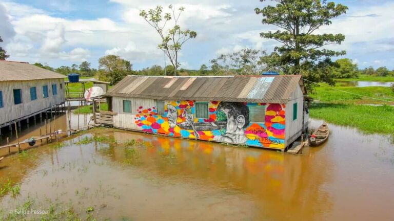 Graffite sobre as águas Artistas criam mural em palafitas apoiados em canoas